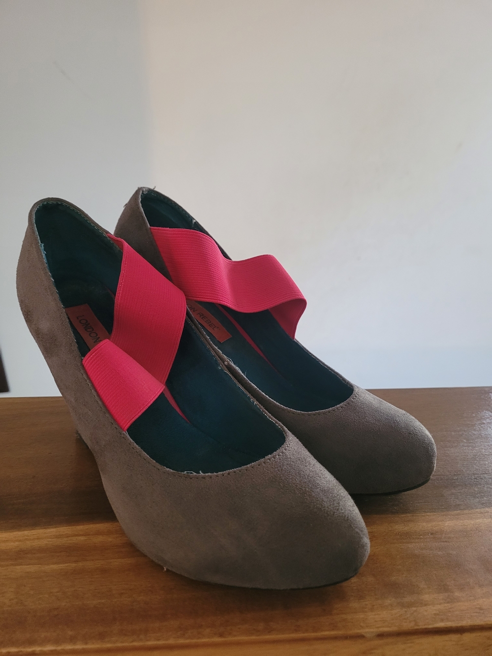 Brown Suede Heels with Pink Elastic Crossover Strap